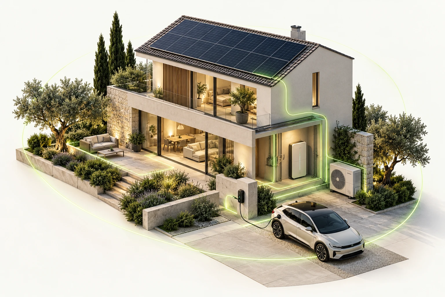 Vista isometrica di una casa con pannelli fotovoltaici sul tetto, accumulo, pompa di calore e auto collegata alla wallbox, uniti da percorsi luminosi che illustrano i flussi di energia.