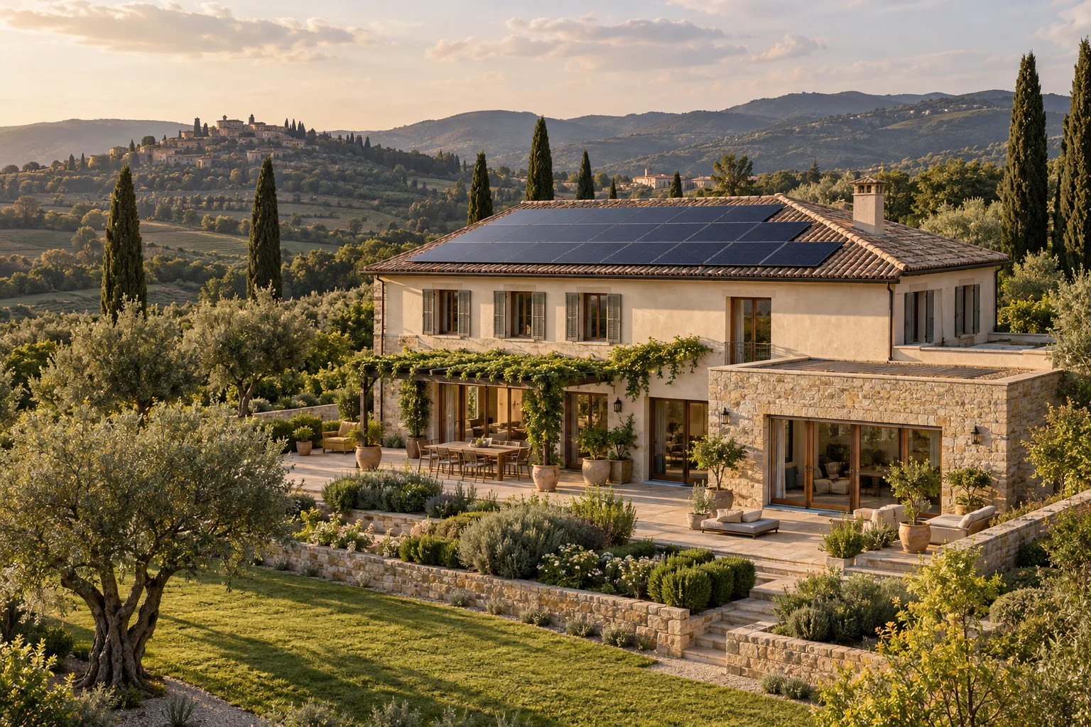Visualizzazione architettonica di una villa mediterranea con pannelli fotovoltaici integrati sulla copertura